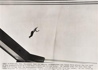 (LEAPERS AND JUMPERS) Contemporary binder containing 32 dramatic photographs of men and women jumping from high-rise buildings, bridges